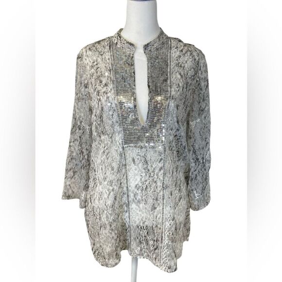 Chico’s Sheer with Sequins Gray and White Tunic Chico's Size 0 - Picture 1 of 15